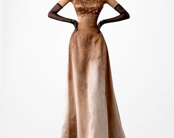 Vintage Y2K 90s Brown Floral Beaded Organza Flared Ombre Maxi Prom Dress XS/S