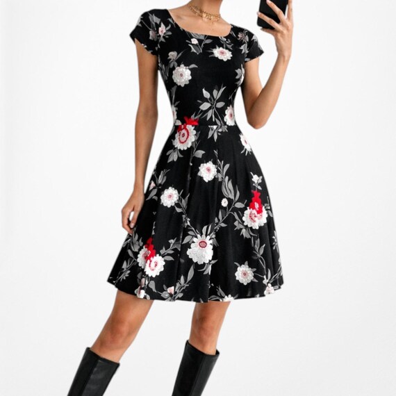 black and white floral knit dress Black And White Floral Knit Sweater Dress