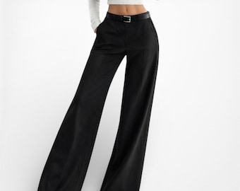 Vintage Y2K Black Petite Cropped Wide Leg Dress Pants Trousers Size M