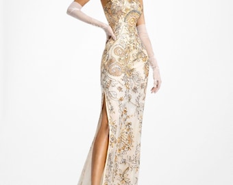 Vintage Y2K Yellow Paisley Beaded Double Slit Silk Ombre Maxi Prom Dress Size S