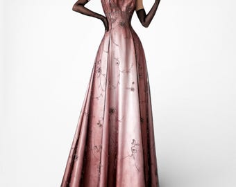 Vestido largo formal de fiesta vintage de malla con cuentas, color rosa y marrón, acampanado, talla S/M