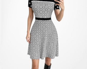 Vintage Y2K 90s Black White Printed Short Sleeve Knit Knee Length Dress Size M