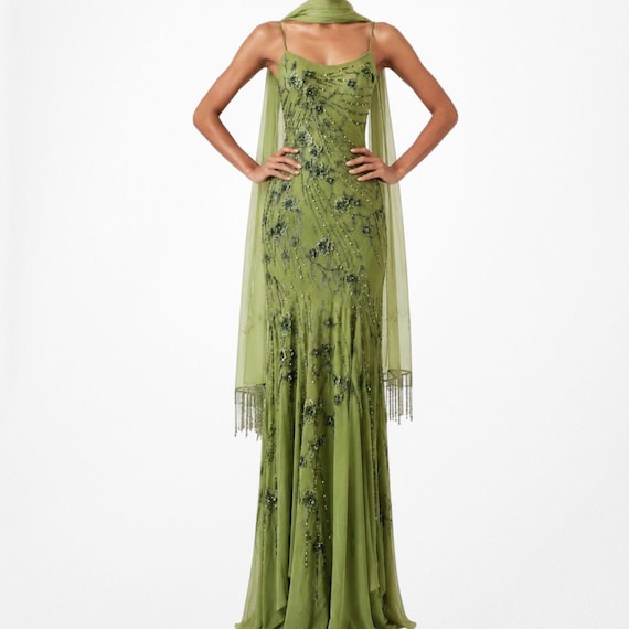 olive green beaded dress Vintage Y2K Floral Bodycon Prom Shawl Size S Beaded fringe dress