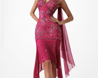 Vintage Y2K 90s Pink Floral Beaded Midi Babydoll Bodycon Cocktail Dress Size L