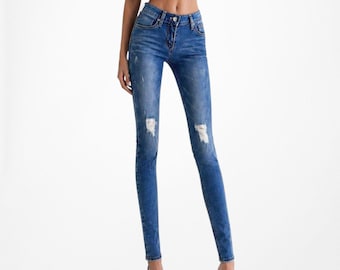 Vintage X-jeans met gescheurde knie en verweerde skinny jeans met halfhoge taille, maat XXS/XS