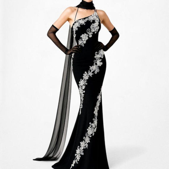 black and white one shoulder prom dress Crystal One Shoulder Maxi Dress Black White