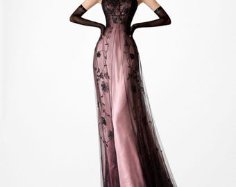 Vintage Y2K Brown Floral Beaded Satin Gradient Mesh Maxi Prom Dress Size S