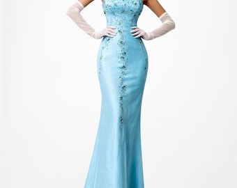 Vintage Y2K Pastel Blue Strapless Floral Beaded Satin Maxi Prom Dress Size S