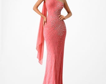 Vestido largo ajustado de fiesta formal vintage Y2K rosa de seda con cuentas y un solo hombro, talla S