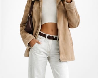 Vintage Y2K Brown Suede Faux Fur Lined Coat Jacket Size M