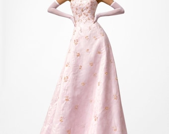 Vintage Y2K Baby Pink Strapless Floral Beaded Flared Maxi Prom Dress Size S