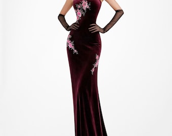 Vintage Y2K Pink Purple Floral Beaded Knit Velvet Bodycon Maxi Prom Dress Size L