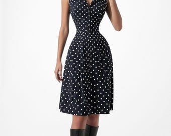 Vintage Y2K Blue Black Polka Dot Button Front Flared Pleated Dress Size M