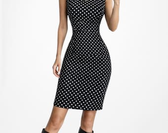 Vintage Y2K Black Polka Dot Knee Length Bodycon Sleeveless Cocktail Dress Size M