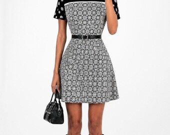 Vintage Y2K 90s Black White Printed Short Sleeve Knit Knee Length Dress Size M