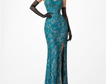 Vintage Y2K 90s Teal Blue Silk Beaded Maxi Bodycon Side Slit Prom Dress Size M