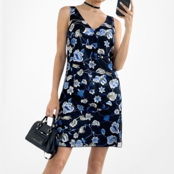 Vintage Y2k Blue Black V-Neck Floral Tank Knee Length Flared Shift Dress Size M
