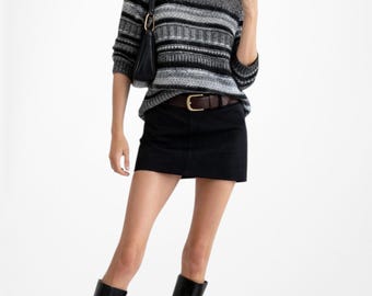 Vintage Y2K Wool Blend Metallic Black Gray Striped Knit Oversized Sweater Size S