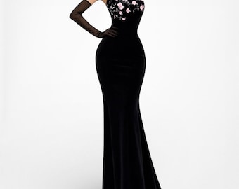 Vintage Y2K Black Pink Floral Beaded Embroidered Velvet Bodycon Maxi Prom Dress