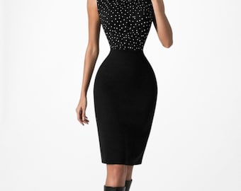 Vintage Y2K Black White Polka Dot Knee Length Sleeveless Bodycon Dress Size 4/M