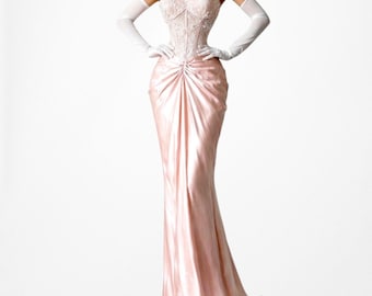 Vintage Y2K Silk Blend Pink Strapless Floral Beaded Lace Maxi Prom Dress Size M