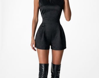 Vintage Y2K 90s Black Sleeveless Casual Tank Dress Shorts Romper Size M