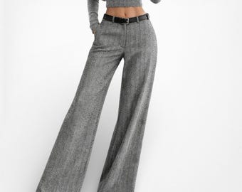 Vintage Y2K Gray Wool Blend Tweed Style Wide Leg Petite Dress Pants Size M