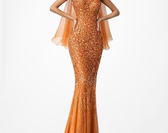 Vintage Y2K Orange Strapless Silk Sequin Maxi Bodycon Formal Prom Dress Size M