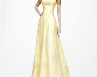 Vintage Y2K Pastel Yellow Strapless Embroidered Mesh Maxi Prom Dress Size M