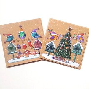 Cartes de noël peintes à la main, cartes de noël petits oiseaux, idée cadeau, carte au choix