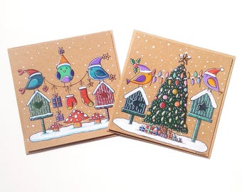 Cartes de noël peintes à la main, cartes de noël petits oiseaux, idée cadeau, carte au choix