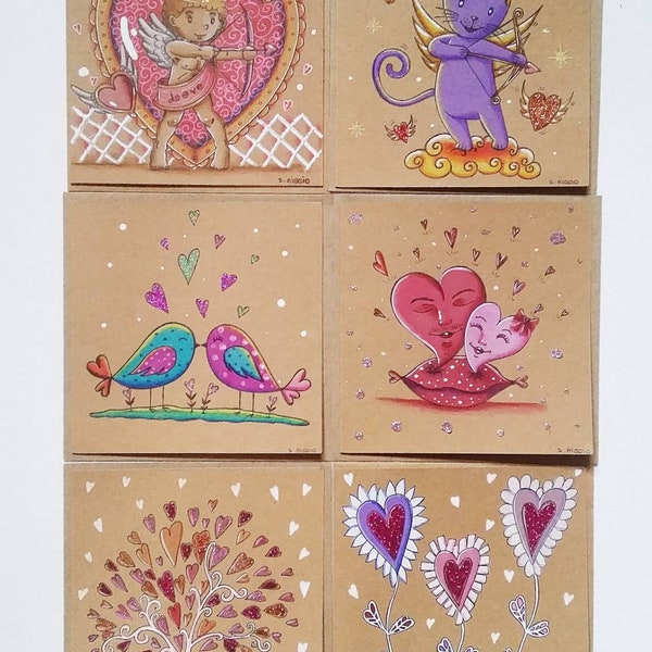 Cartes de Saint Valentin motifs cœurs, Cupidon, chat, oiseaux et arbre, cartes de Sant Valentin peintes à la main au choix