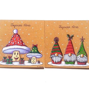 Cartoline natalizie con funghi e gnomi, biglietti d'auguri, cartoline dipinte a mano, carte regalo
