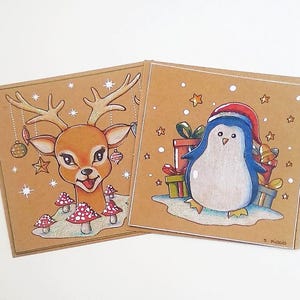 Cartes de noël rêne et pingouin, cartes de vœux, cartes peintes à la main, cartes à offrir, carte noël au choix