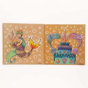 Cartes originales, cartes peintes à la main, cartes anniversaires, illustrations sirène et poissons