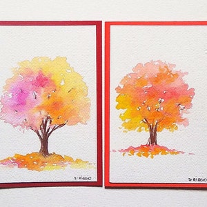 Cartes originales automne, cartes aquarelles arbres automne, cartes peintes à la main