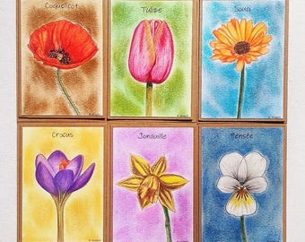 Cartes originales, cartes peintes à la main, aquarelles de fleurs