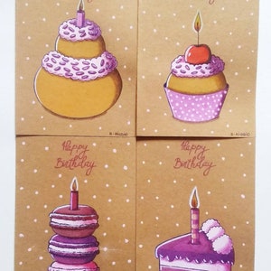 Cartes anniversaires pâtisseries, cartes peintes à la main, illustrations pâtisseries
