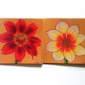 Cartes originales fleurs, cartes florales, cartes peints à la main, illustrations dahlias