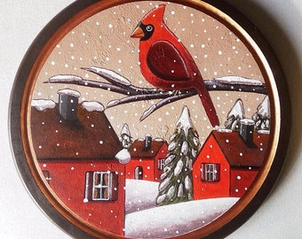 Weihnachtsgemälde, Winterlandschaft und roter Kardinal, Acryl auf Holz, Wanddekoration