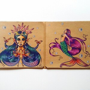 Cartes originales, cartes peintes à la main, cartes sirènes, illustrations sirènes
