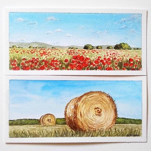 Originale Landschaftskarten, Mohnfeld-Aquarellkarten, Heuhaufen-Aquarellkarten, handgemalte Karten