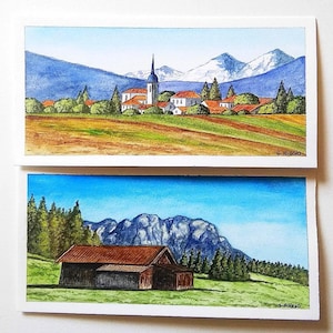 Originale Landschaftskarten, Landschafts-Aquarellkarte, Berg-Aquarellkarte, handgemalte Karten