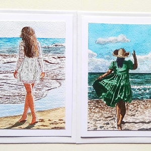 Cartes originales femmes plage, cartes aquarelles femmes, cartes aquarelles plages, cartes peintes à la main