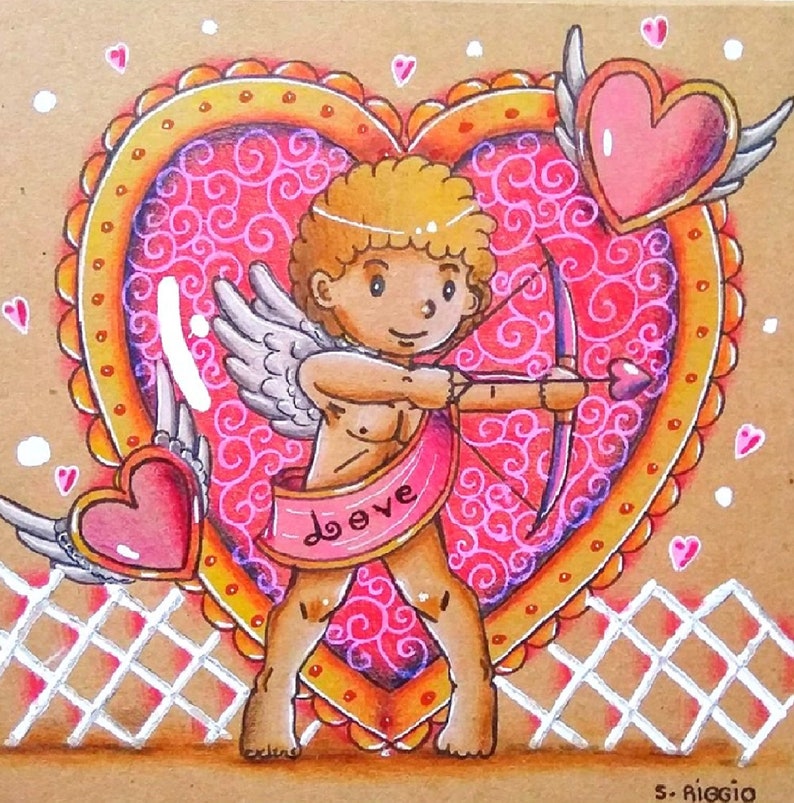 illustrated Cupidon valentine card handmade valentine card lovers gift homemade valetine card Hand illustrated valentine card