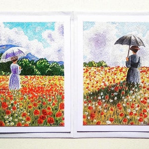 Cartes originales femmes aux parapluies, cartes peinture femmes, cartes peintes à la main