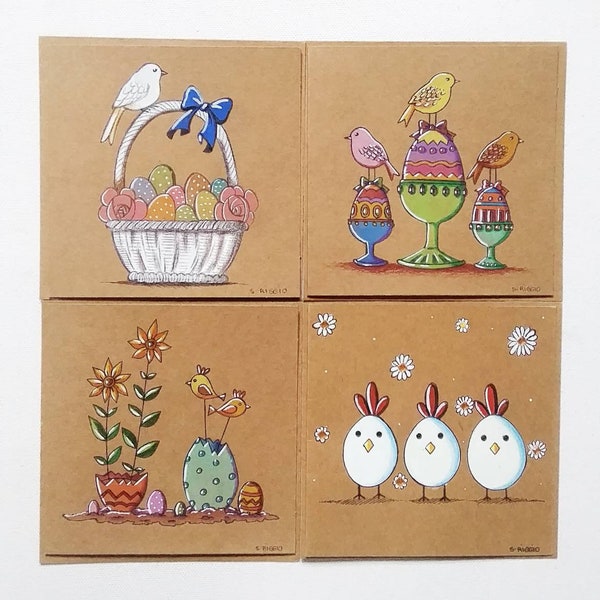 Cartes de vœux pour Pâques, motifs poules, oiseaux, fleurs et œufs, cartes de Pâques peintes à la main au choix