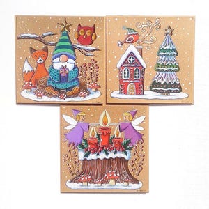 Cartes de noël, cartes de vœux peintes à la main, cartes de noël gnome, oiseau et fées, idée cadeau