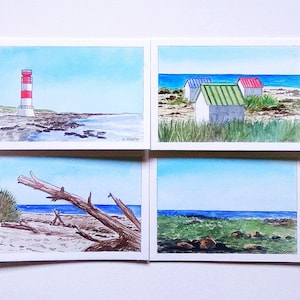 Cartes originales plages, cartes aquarelles plages, cartes peintes à la main