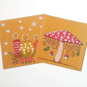 Cartes de noël bougies et champignons, cartes de vœux, cartes peintes à la main, carte noël au choix